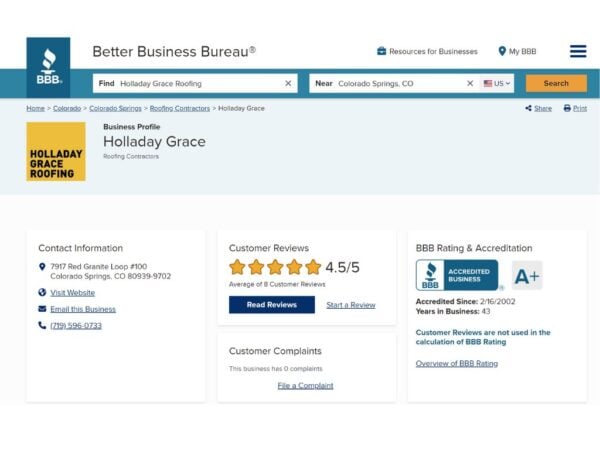 Compare Roofing Contractors by the age of the business. Here you'll see Holladay Grace's BBB rating page showing they've been in business for 43 years.
