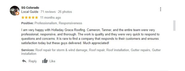 You can also compare rooofing contractors by looking at customer reviews. Here's an example of an informative, positive review submitted on Google.